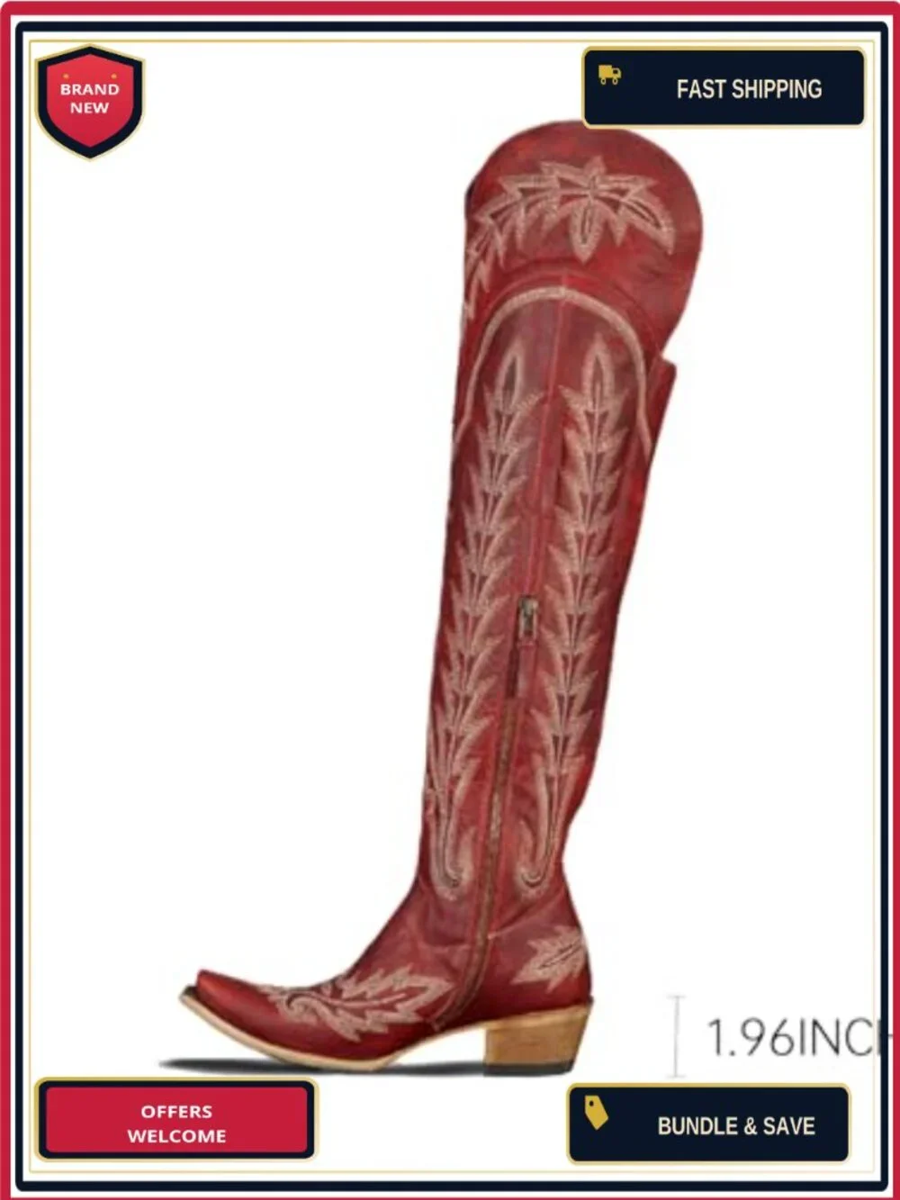 Over the Knee Cowboy Boots Women Embroidery Chunky Heel Side Zipper Thigh High